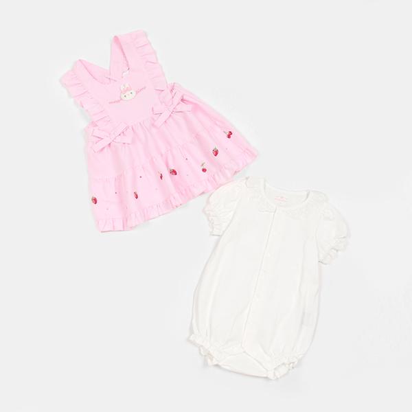 新品タグ付　メゾピアノ　ウサギマスコット付エプロンスカート＆半袖ロンパースセット mezzo piano メゾピアノ(mezzo piano)ウサギマスコットつきエプロン