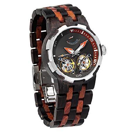 【はこぽす対応商品】 Wilds デュアルホイール 自動ムーブメント 透明文字盤 メンズ木製腕時計 エボニーレッド 腕時計