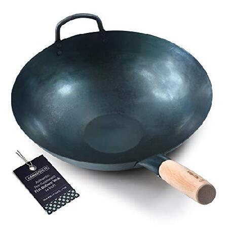 『1年保証』 Mammafong 伝統的な手打ち鍋 中華鍋 14インチ 平底中華鍋 青炭素鋼 中華鍋 フライパン