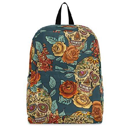 無料発送 Lightweight Bookbag Travel Laptop Backpack - Floral With Skull College School Backpack for Women Men Camping Hiking Cycling Biking Fits up t リュックサック、デイパック