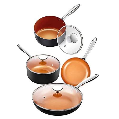 贅沢屋の Pots Copper Piece 5 MICHELANGELO and Cer Coating, Titanium Ceramic with Set Cookware Copper Nonstick Lid, with Saucepan Quart 1.5 + Set Pans 片手鍋