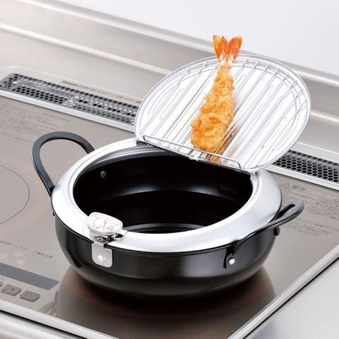 日本製】 IH対応 天ぷら鍋 20cm 油切りになる鉄製蓋付き 温度計付き TM