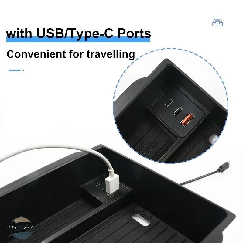 並行輸入品 テスラ モデル3 中央制御アームレスト収納ボックス クリップオーガナイザー USBタイプC拡張 眼鏡 充電ハブ 2024の画像