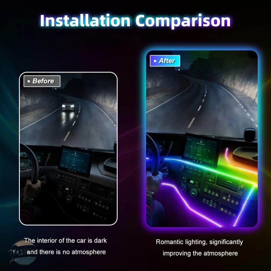 並行輸入品 車内LEDアンビエントストリップライトキット RGBアクリル光学ガイド 10 in 1 12V APP音楽同期 ユニバーサル装飾ムード照明の画像