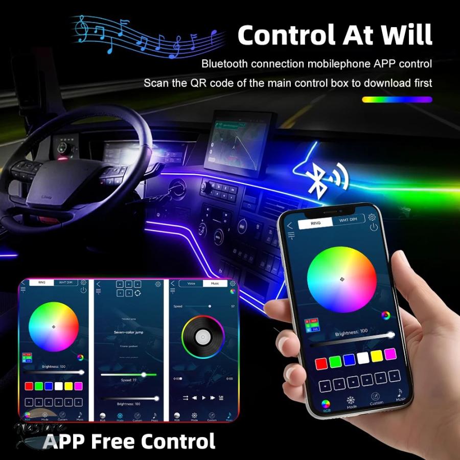並行輸入品 車内LEDアンビエントストリップライトキット RGBアクリル光学ガイド 10 in 1 12V APP音楽同期 ユニバーサル装飾ムード照明の画像