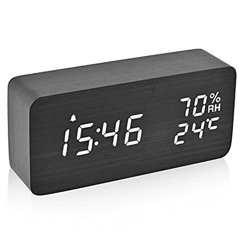 Electime デジタル目覚まし時計 木製置き時計 LED時間表示3目覚まし