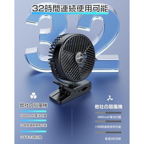 10000mAh電池内蔵FreeFly 充電式クリップ扇風機 卓上扇風機 直径約10CM