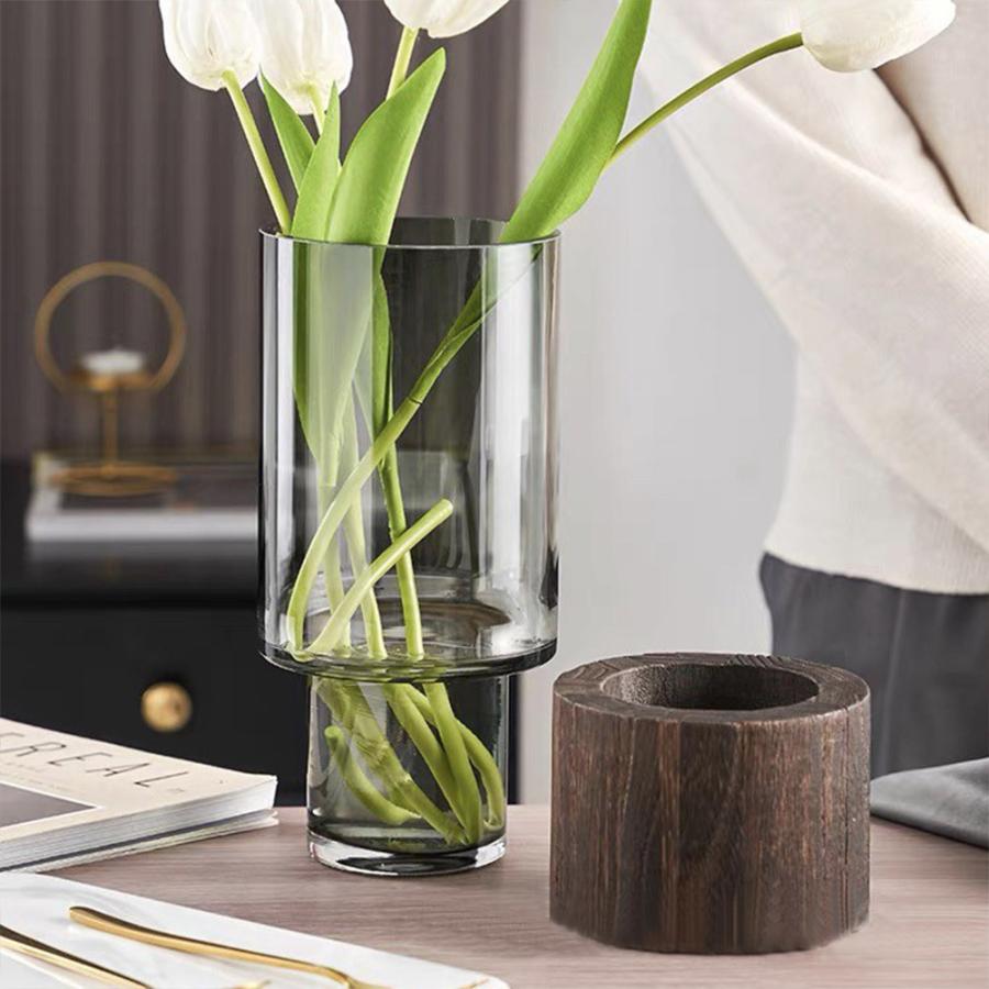 花瓶 ガラス 木製 フラワーベース 北欧 おしゃれ 花器 透明 ブラック