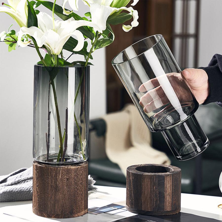 花瓶 ガラス 木製 フラワーベース 北欧 おしゃれ 花器 透明 ブラック
