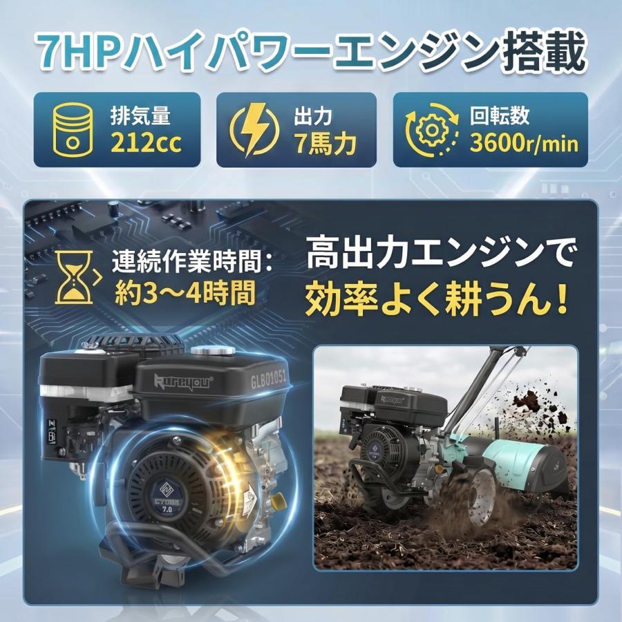 Kareyou 耕うん機 エンジン式 212cc 高出力 リヤロータリー 後方回転