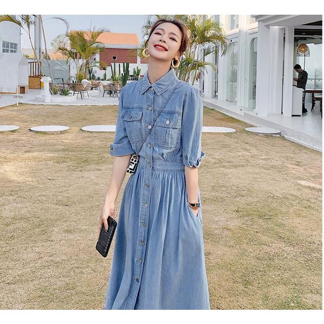 後払い手数料無料 ワンピース レディース ファッション 代 30代 40代 50代 女性 カジュアル 春 夏服 秋 デニムワンピース 半袖 ロング丈 フレア フロントボタン ラフ Aynaelda Com