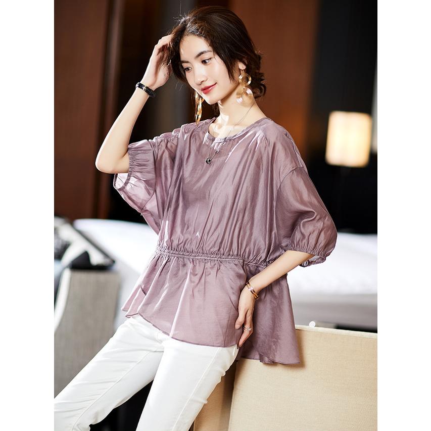 七夕SALE カットソー レディース ファッション 20代 30代 40代 50代 女性 春 夏服 秋 シアー 裾カシュクール ペプラム 光沢 透け感 シャーリング|natuliria|02