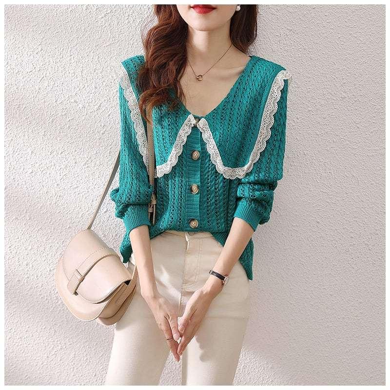 カーディガン 春夏 レディース ファッション 代 30代 40代 50代 女性 春 夏服 秋 Bigカラー ニットカーディガン セーラーカラー 長袖 春夏秋 10代 日本初の