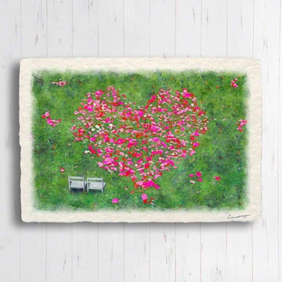 風水 玄関 絵 金運 絵画 トイレ 和紙 アートパネル 秋 花 ピンク 「ハートのコスモスの花畑と白い椅子」 panelheart
