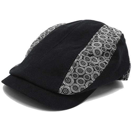 ハッピーハット ハンチング 和柄bigハンチング 丸菊文様 ブラック Hun 622 03 切り替えデザイン 58cm 61cm 小粋な和 キャスケット