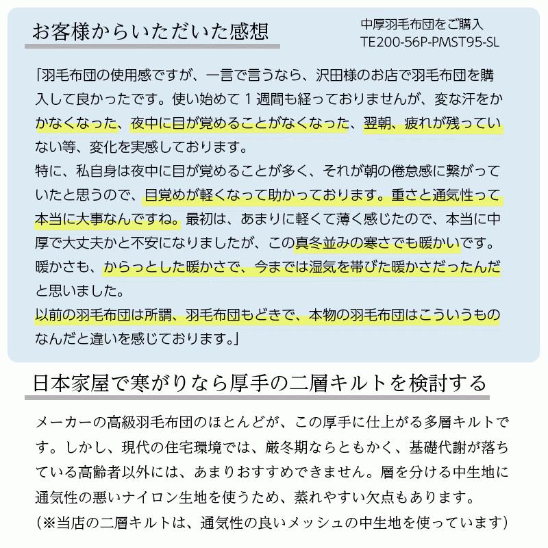 羽毛布団 ダブル ロング 掛け布団 レギュラー 本掛け TE270-PPST98 480dp グースダウン98%使用 超軽量ドイツ製生地：綿100% 一般的な冬布団の保温性の画像