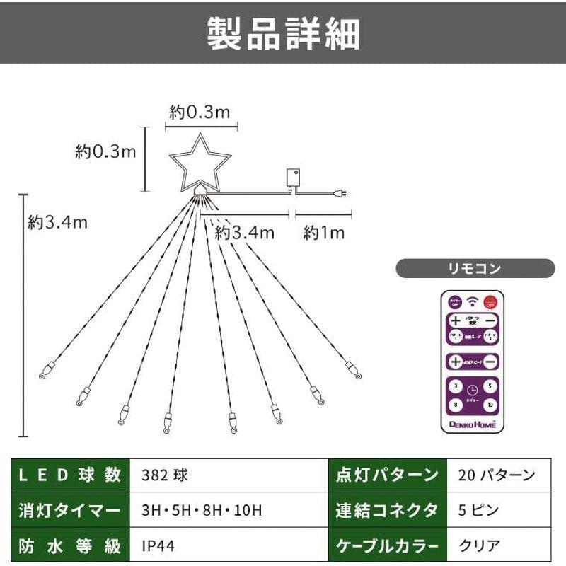 屋外照明　電光ホーム　LED　3.4m　8本　リモコン付き　×　点灯　星モチーフ付き　ドレープライト　20パターン　イルミネーション　屋外