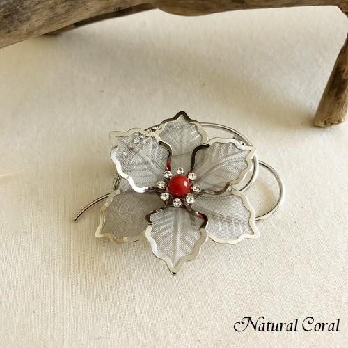 血赤珊瑚 ちあかさんご ブローチ 玉 銀花デザイン ナチュラルコーラル