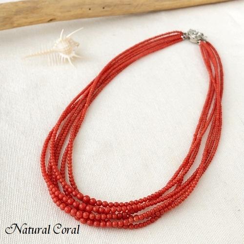ゴールド金具天然血赤珊瑚4連ロングネックレスさんごコーラルサンゴ