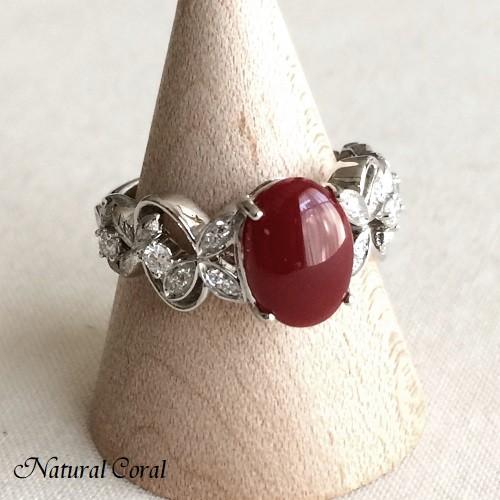 血赤珊瑚 ちあかさんご リング 楕円 ダイヤ Pt ナチュラルコーラル  