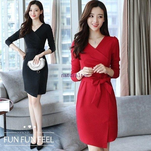 ワンピース タイトスカート レディース 秋冬 Vネック リボン ワンピース きれいめ 着痩せ 通勤 Ol 着やすい 上品 Nat ナチュラルテック 通販 Yahoo ショッピング