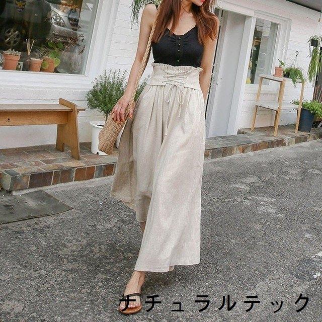安い レディース 50代 40代 30代 代 ワイドパンツルック ファッション レースアップベルト風 コットンリネンパンツ ワイドパンツ 秋 夏服 春 女性 長袖 サイズ ワンサイズ Www We Job Com