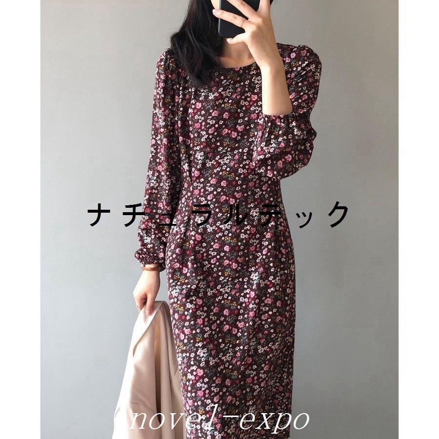 22春服ロングワンピース長袖 体型カバー ミモレ丈ワンピース花柄レディース着痩せチュニック春コーデおしゃれ大人olチュニック ゆったりワンピース 5 Off