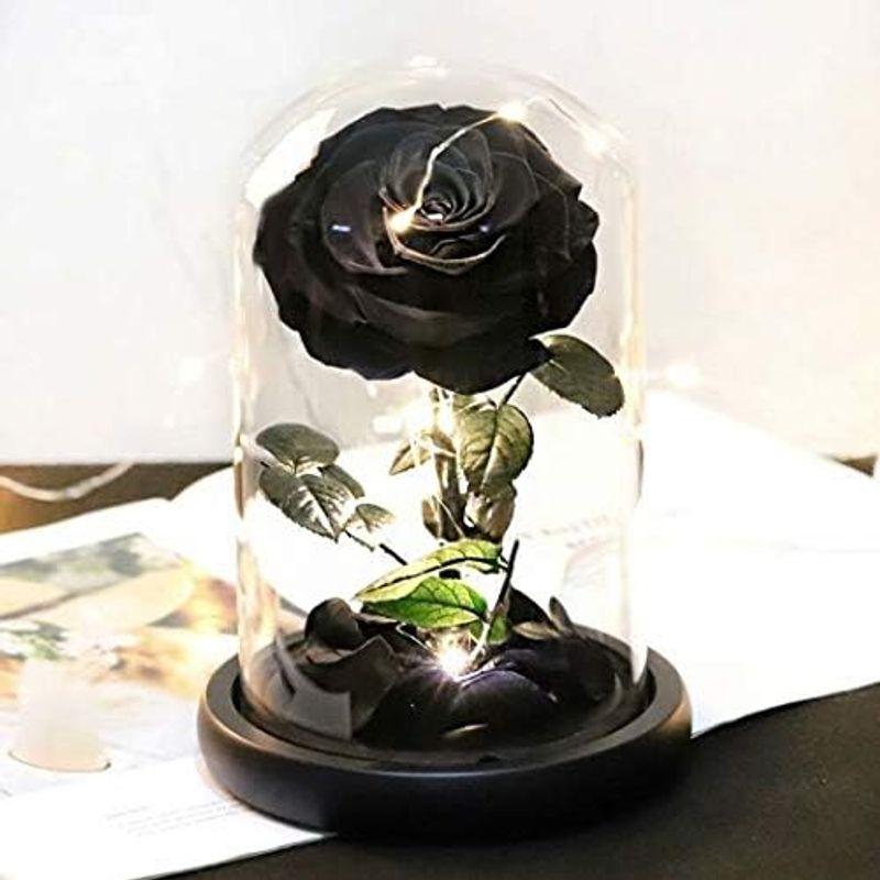 セール価格で販売 プリザーブドフラワー バラ ブラック 黒 ローズ 薔薇 花 可愛い ガラスドーム LEDライト付き 木製ベース ブリザードフラワー ロマンテ