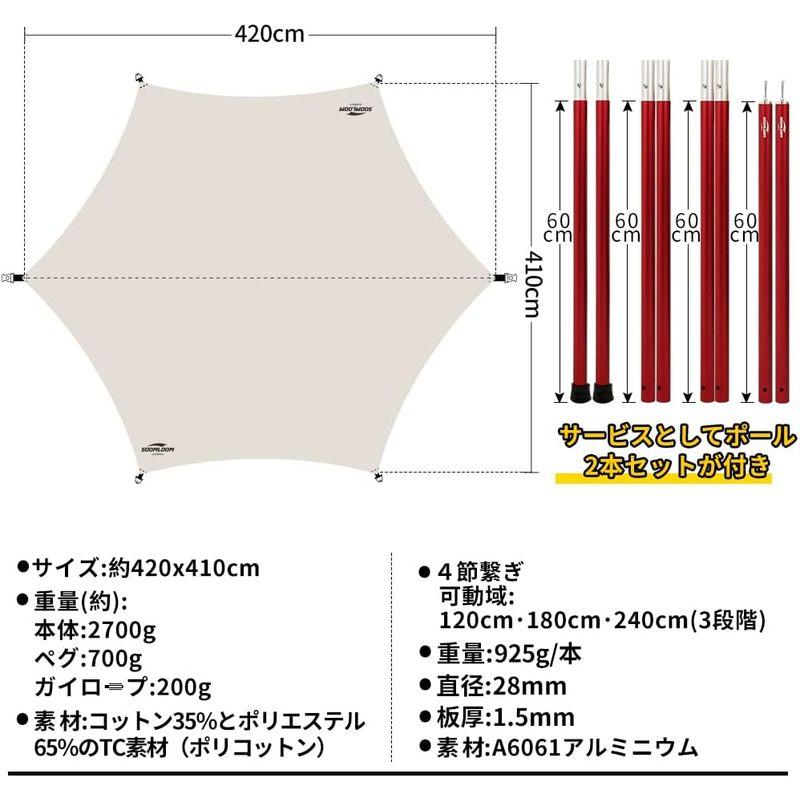 Soomloomヘキサタープ4.2ｍｘ4.1ｍ 焚き火可 ポリコットンTC ファイアプレイス 遮熱性/耐火性/耐水性優れ サンシェード アウ｜nature-stores｜02