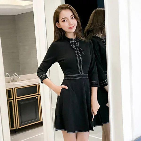 ワンピース 韓国ドレス シンプル ボウタイリボン Aライン フレアスカート 可愛い 秋 冬 5分袖 ショート ミニ丈 結婚式 お呼ばれ デート パーティー 上品 きれい 新作商品