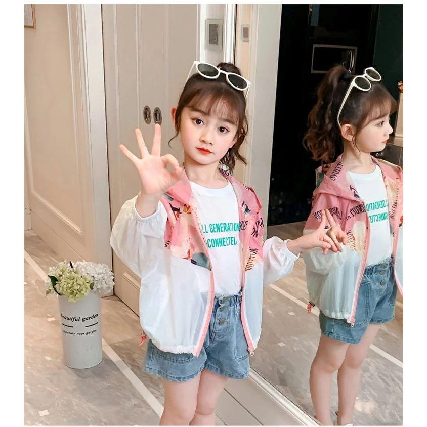 キッズ 子供 ラッシュガード 女の子 子供服 韓国 パーカー コート ジャケット 薄い 柄 長袖 無春 夏 Uvカット お洒落 可愛い フード付け 日焼け防止 冷気対策 限定品