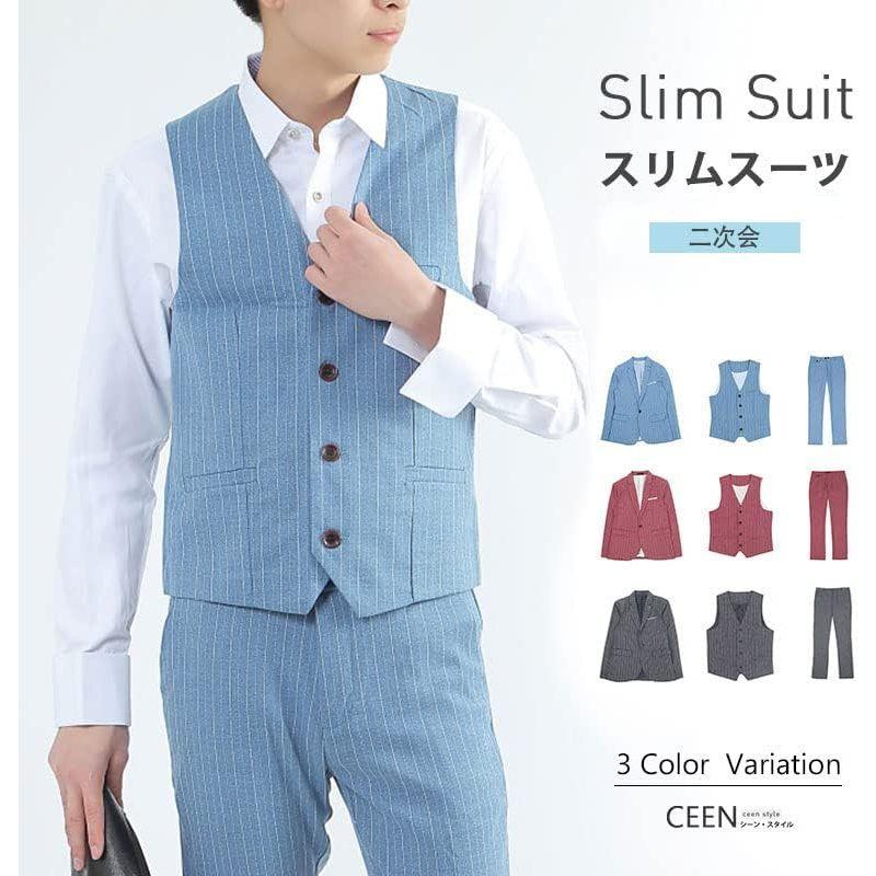 CEEN スーツ スリーピース メンズ ストライプ ビジネス 細身 紳士 礼服