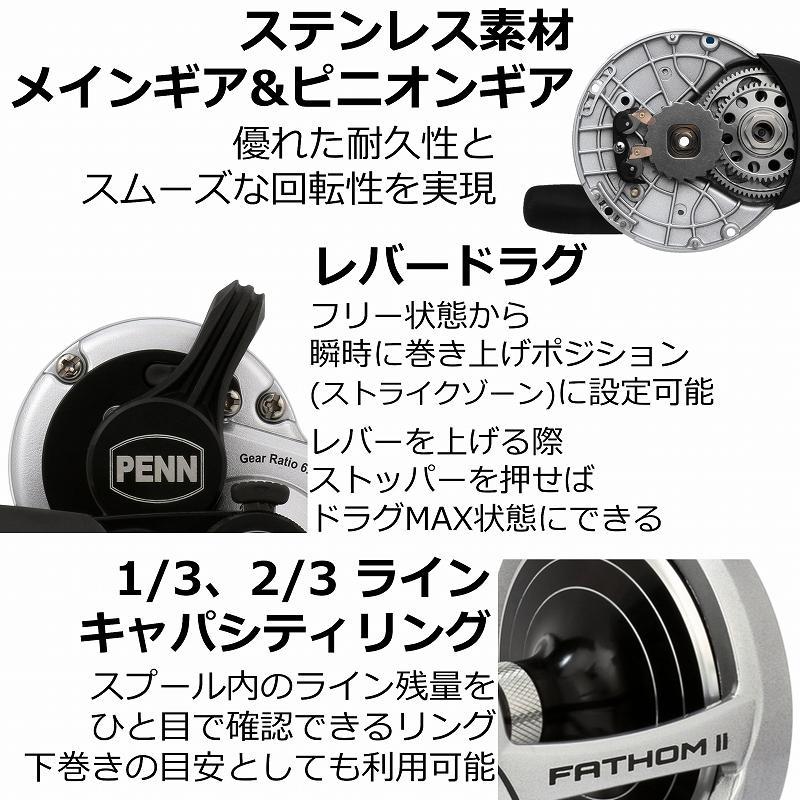 ベイトリール PENN ファゾムII 2スピード 60NLD2 ナロースプール 右