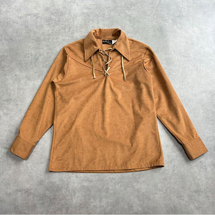 70's TODAY'S MAN LACE UP PULLOVER SHIRTS Made in USA BROWN/15-151