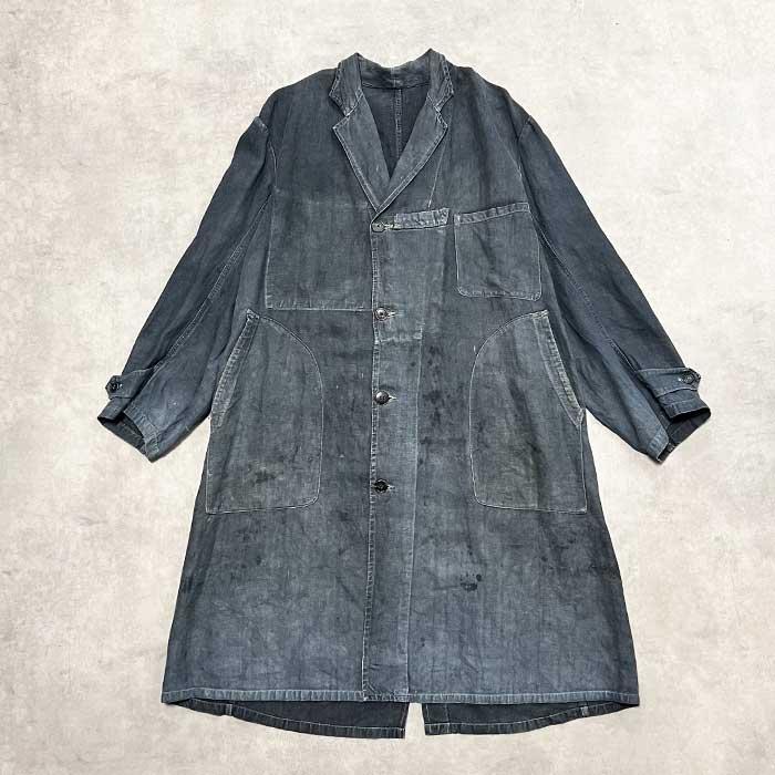 VINTAGE 40's AU MOLINE MAQUIGNON INDIGO LINEN COAT Made in France