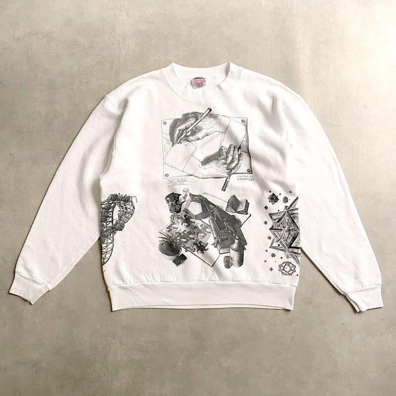 90's M.C ESCHER Multi Print Vintage Sweat Shirt Made in USA WHITE
