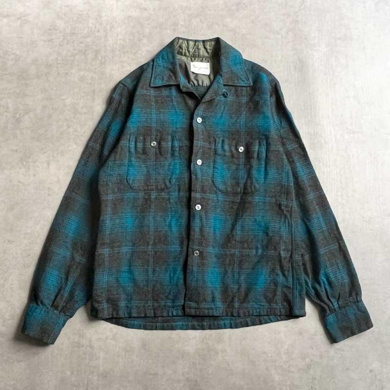 60'S VAN HEUSEN Wool Ombre Check Open Collar Box Shirts BLUE/S 60