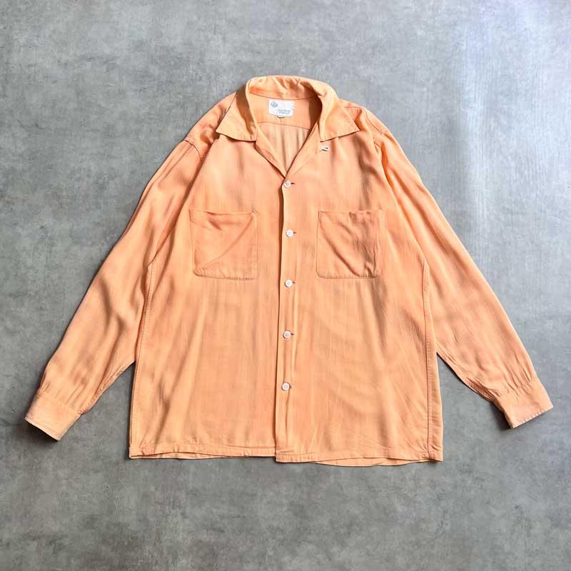 60'S DONEGAL Open Collar Long Sleeve Rayon Shirts SALMON PINK/L 60