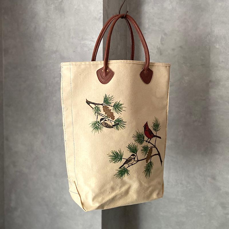 DEADSTOCK 80's L.L BEAN LEATHER HANDLE BIRD PAINT TOTE BAG
