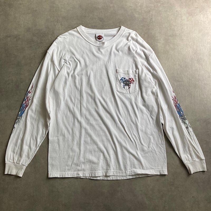 00's HARLEY-DAVIDSON Flame Sleeve L/S T-Shirts Made in USA WHITE/L