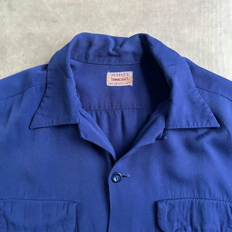PENNEYS 50'S PENNEY'S Town Craft Open Collar Rayon Box Shirts BLUE