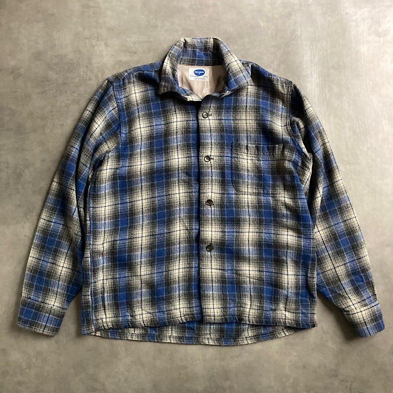 60's PILGRIM Open Collar Wool Check Box Shirts Made in USA M