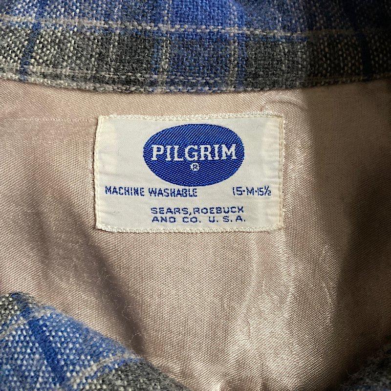 60's PILGRIM Open Collar Wool Check Box Shirts Made in USA M