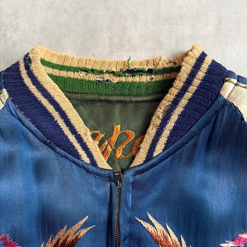 虎と龍　日本地図刺繍 オリーブグリーン スカジャン　リバーシブル スカジャン リバーシブル 虎 龍 刺繍 スーベニアジャケット グリーン