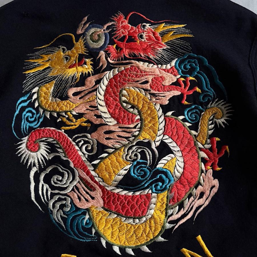 レトロイーグルドラゴン刺繍ジャケット　風景裏地付きアウター　Lサイズ スカジャン 和柄 龍 竜 メンズ 東洋 50代 別珍 40代 ドラゴン 龍神 桜