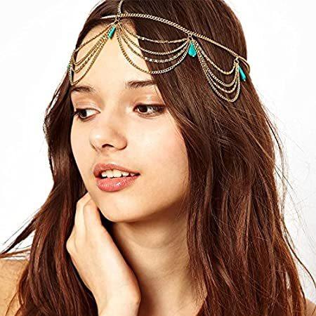 送料無料 Pandahall 1 Pcs Unique Turquoise Chain Jewelry Headband Party Headpiece Hai ヘッドドレス