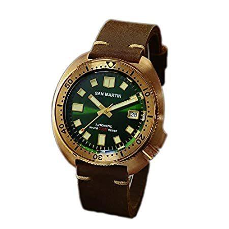送料無料 San Martin ニューブロンズマグロ6105 ダイビングウォッチ 200m 防水 本革ベルト メンズ 自動腕時計 M グリーン