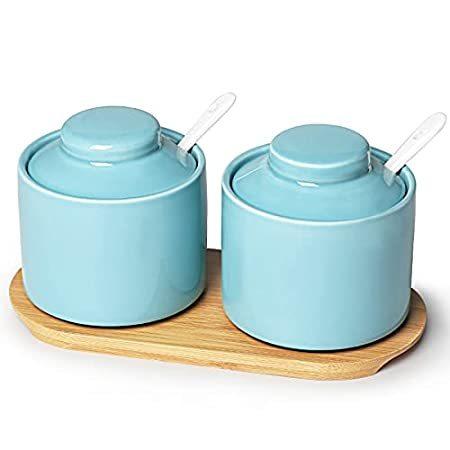 ONTUBE Ceramic Sugar Bowl with Lid and Spoon Set of 2,Porcelain Seasoning B