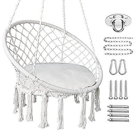 送料無料 Hammock Chair Hanging Rope Swing with Hardware and Cushion, Handmade Knitte