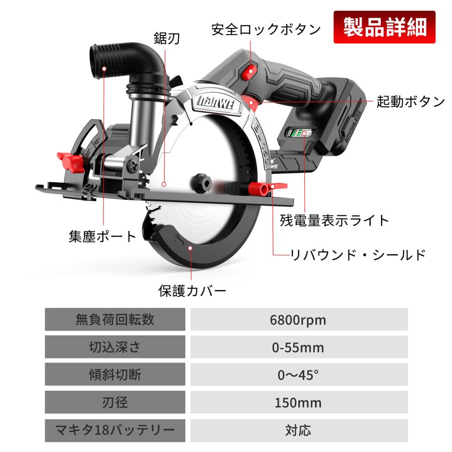 NANWEI 充電式丸ノコ 刃径150mm 最大切込み深さ55mm マキタ18Vバッテリー対応 電動マルノコ ブラシレスモーター コードレス丸鋸 石材・木材・タイルの切断 |  | 05